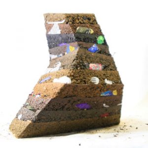 earth sculpture with embedded litter