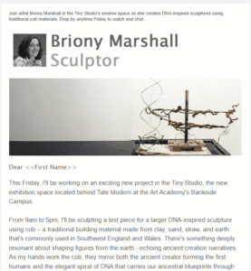 Briony Marshall's Newsletter - example email, this one was sent out in November 2024 to publicise Briony's mini residency in the Art Academy London's Tiny Studio, just behind Tate Modern.