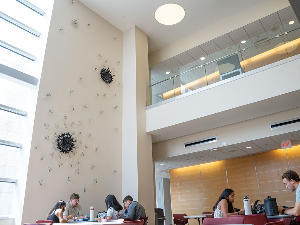 Wide angle view of Silent Sentinels antibody sculpture by Briony Marshall. A large double-height atrium with a balcony. People sit at tables eating and chatting in the foreground. A relief sculpture installation covers a 3m wide by 7.5m tall wall, featuring dark ominous viruses being swarmed by silver Y-shaped antibodies in a battle of good versus evil. This antibody sculpture is installed outside the Crowe Lab at Vanderbilt University Medical Centre in Nashville.