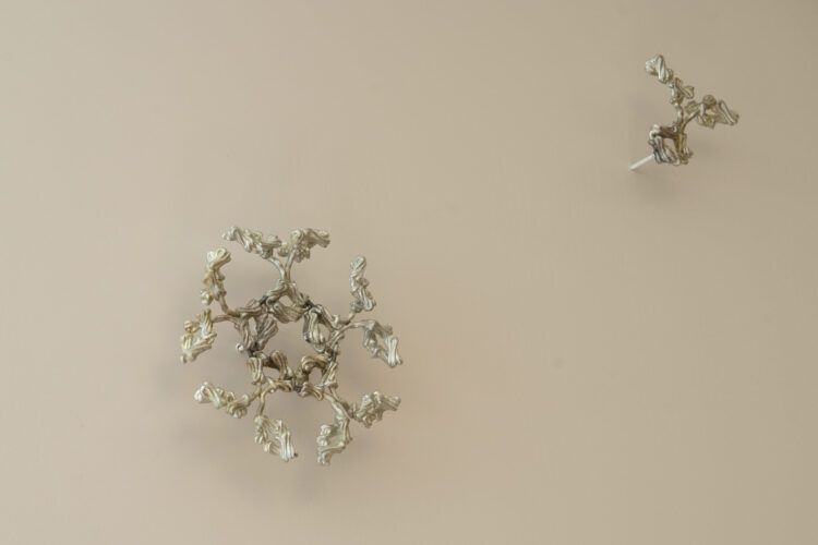 Detail of an antibody sculpture: an IgM (Immunoglobulin M) pentamer made of pewter. IgM is the largest antibody and naturally assembles as five IgM monomers joined together by a J chain (joining chain), creating this distinctive pentameric star-like structure. It's the first antibody produced by the immune system in response to infection. This antibody sculpture is part of Silent Sentinels, an artwork by Briony Marshall installed outside the Crowe Lab at Vanderbilt University Medical Centre in Nashville.