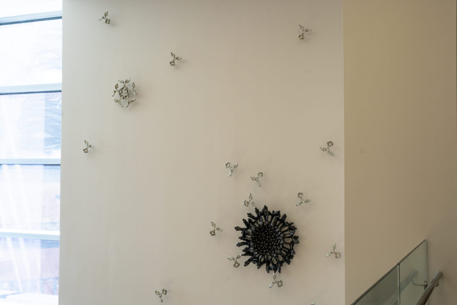 View of Silent Sentinels antibody sculpture by Briony Marshall, photographed from the balcony looking at the upper section of the installation. The relief sculpture installation features a large dark ominous virus at the center being surrounded by silver Y-shaped antibodies cast in bonded bronze and pewter, in a classic battle of good versus evil. A large window is visible on the left side. A metal railing of the balcony is visible on the right edge of the frame. The cream-coloured wall extends across the full composition. Installed outside the Crowe Lab at Vanderbilt University Medical Centre in Nashville.